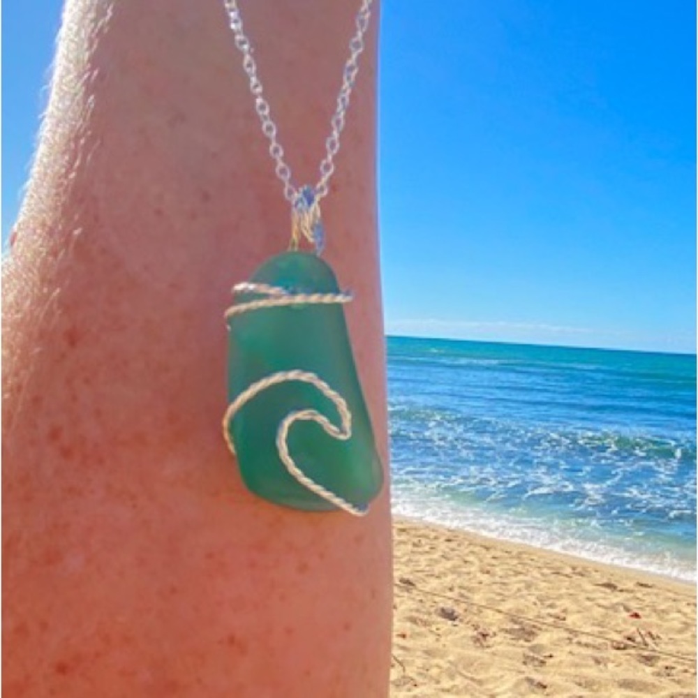 Hawaiian Sea Glass w/ silver ocean wave pendant on sterling silver chain